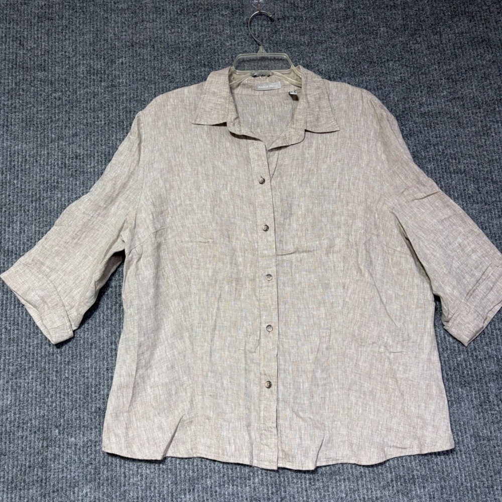 Marco Pecci Womens Beige 100% Linen Button Up Shirt Size 48 / US 22 Elbow Sleeve